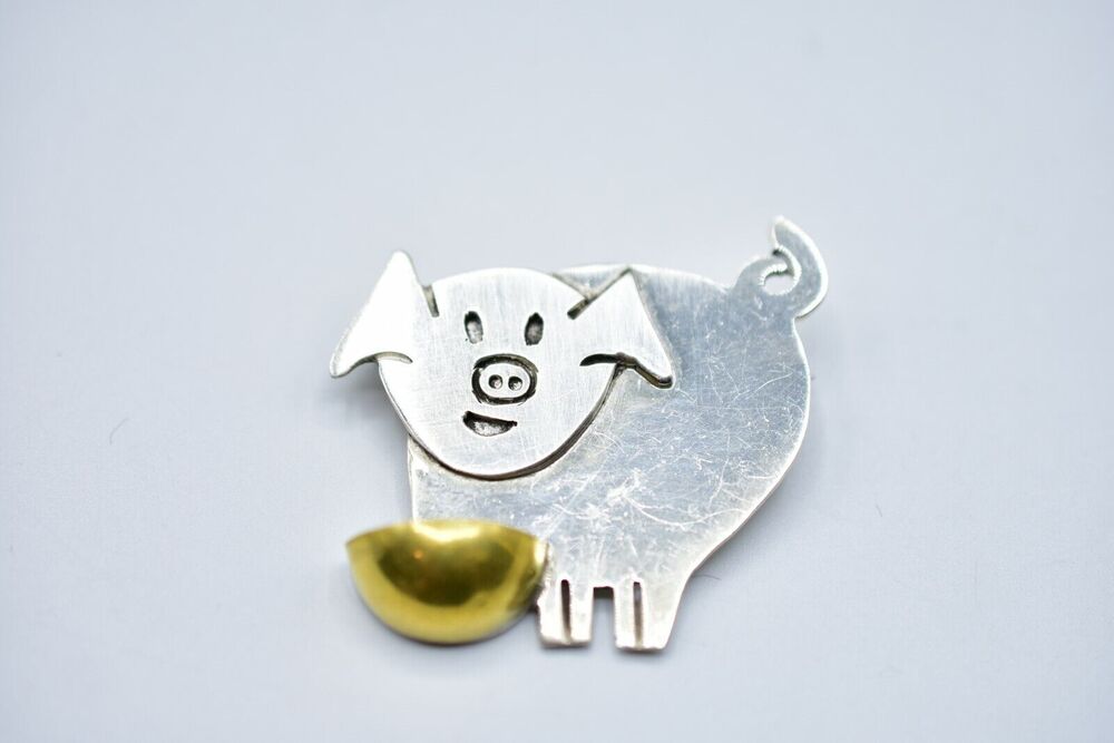Vintage SC Sterling Silver Pin Brooch Mexico 925 Pig Bowl 12.68 G Signed BinF